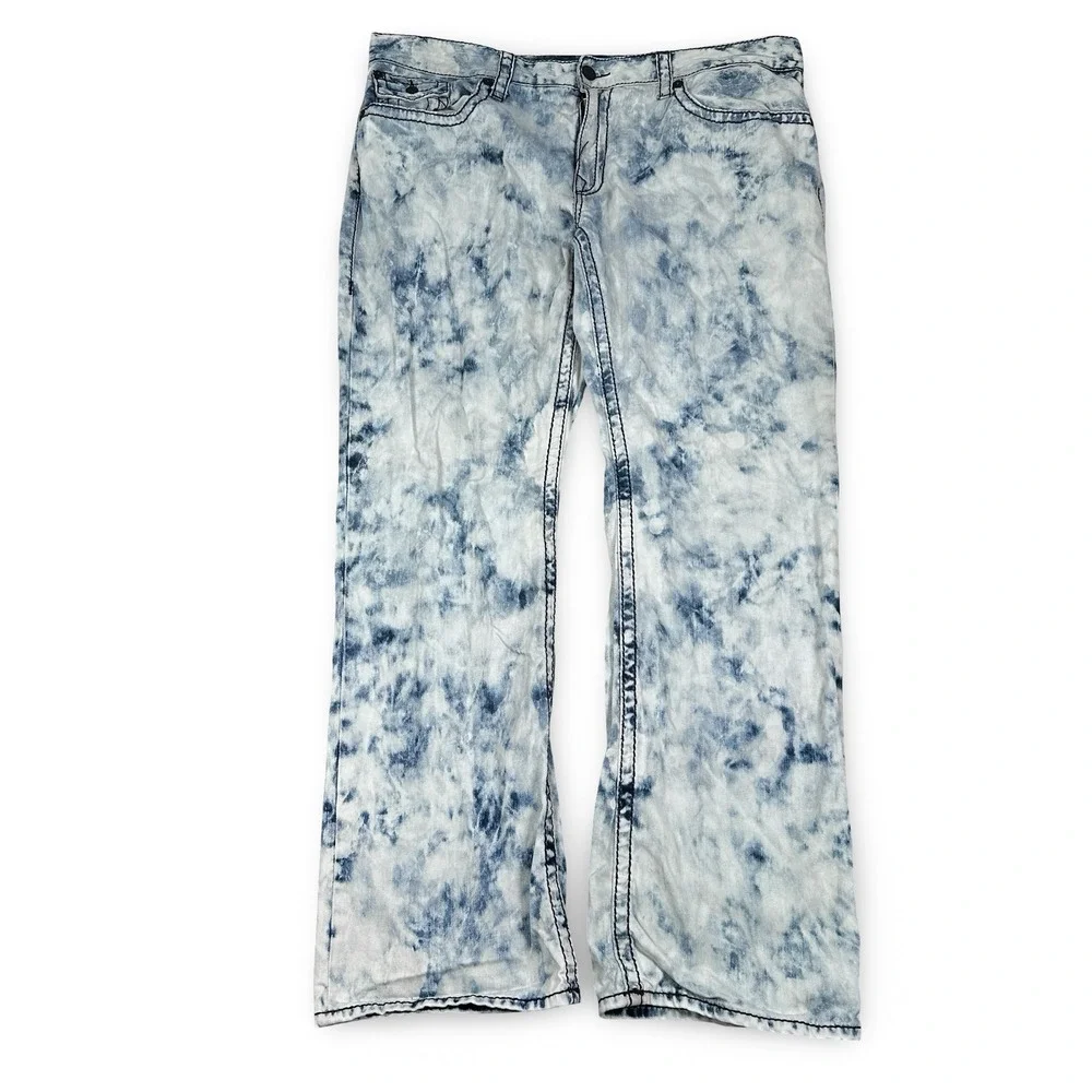 True Religion Straight Flap Acid Wash Jeans Blue White Mens‎ 44 Contrast Stitch